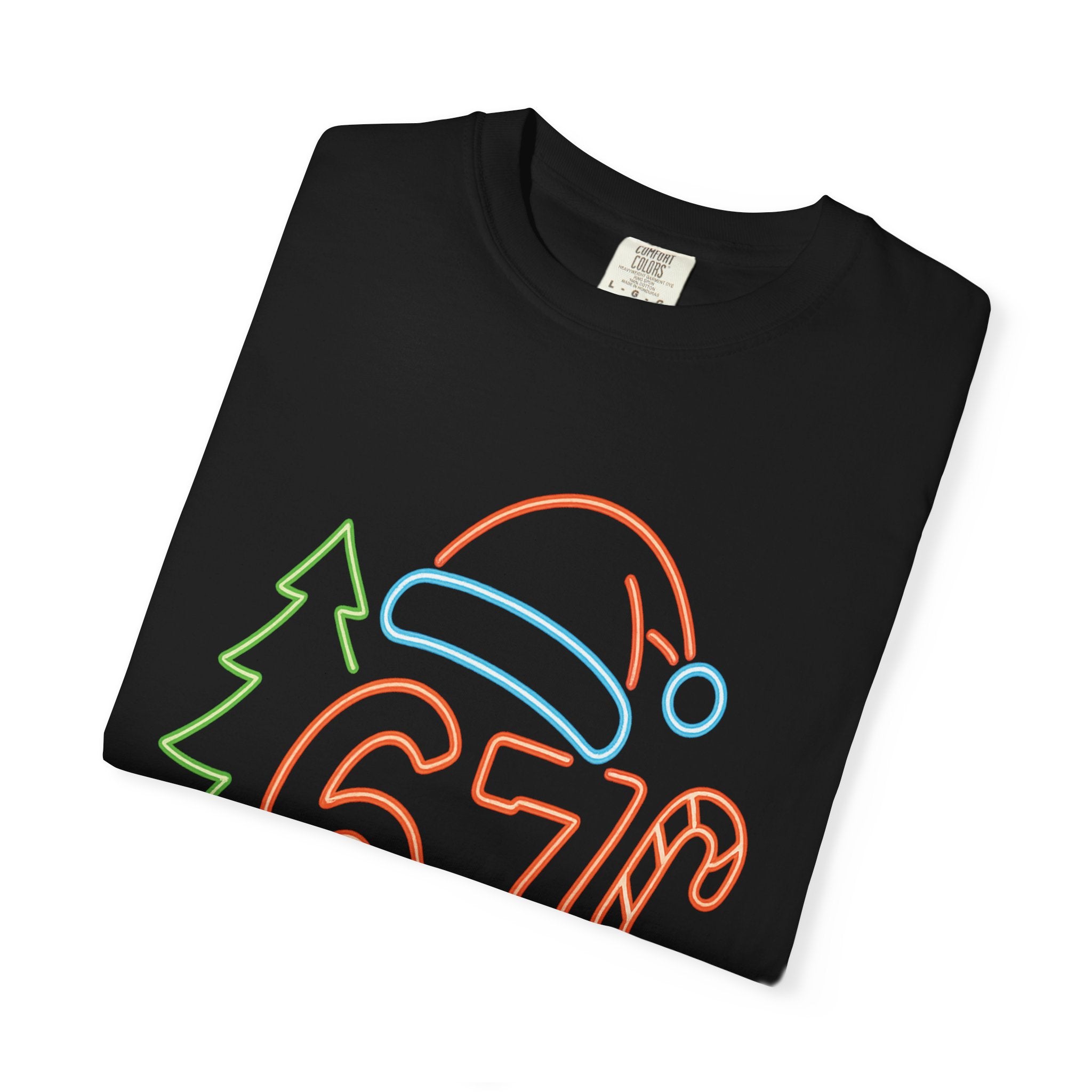 Holiday Neon 67 Tee — Retro Christmas Hat & Holly Graphic T-Shirt