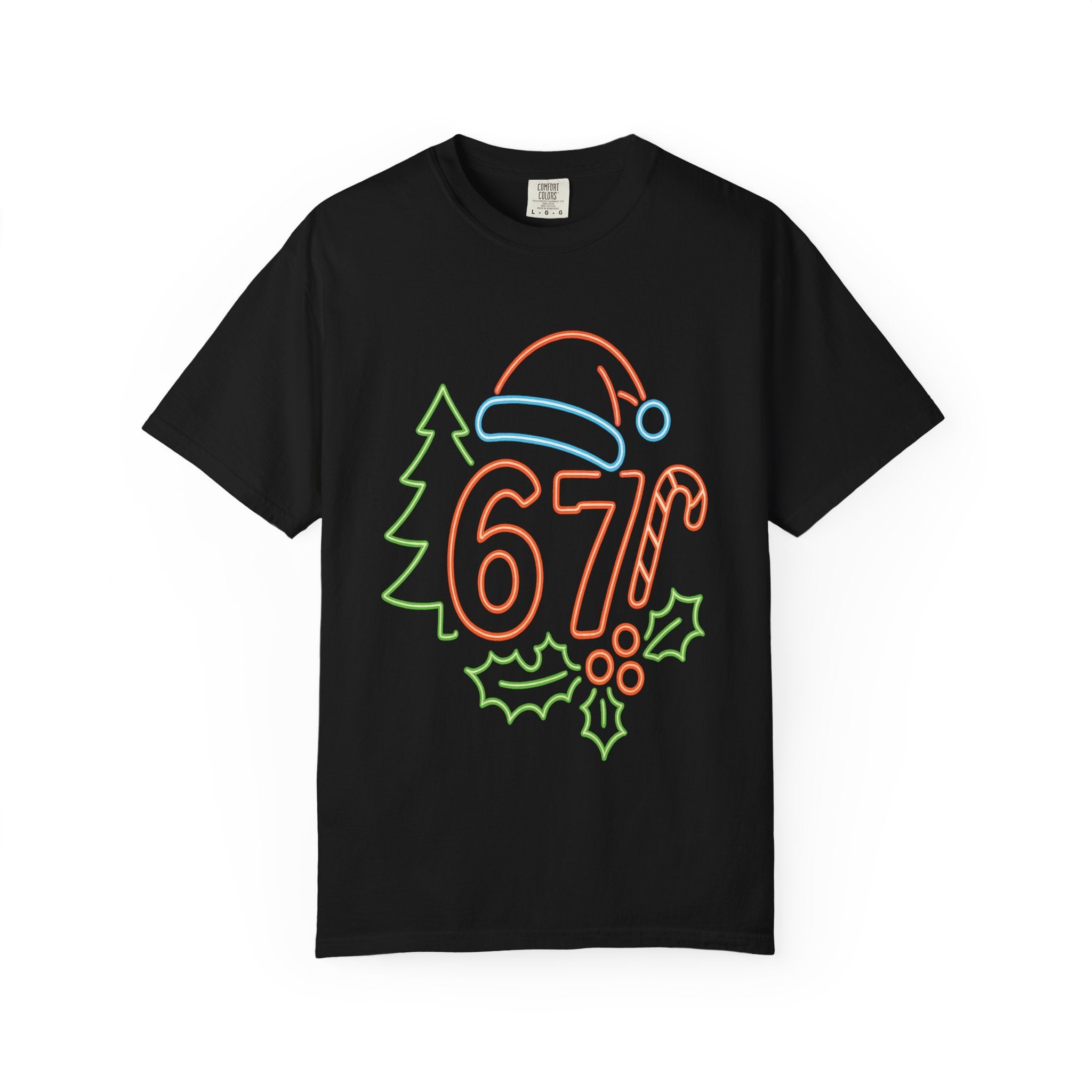 Holiday Neon 67 Tee — Retro Christmas Hat & Holly Graphic T-Shirt