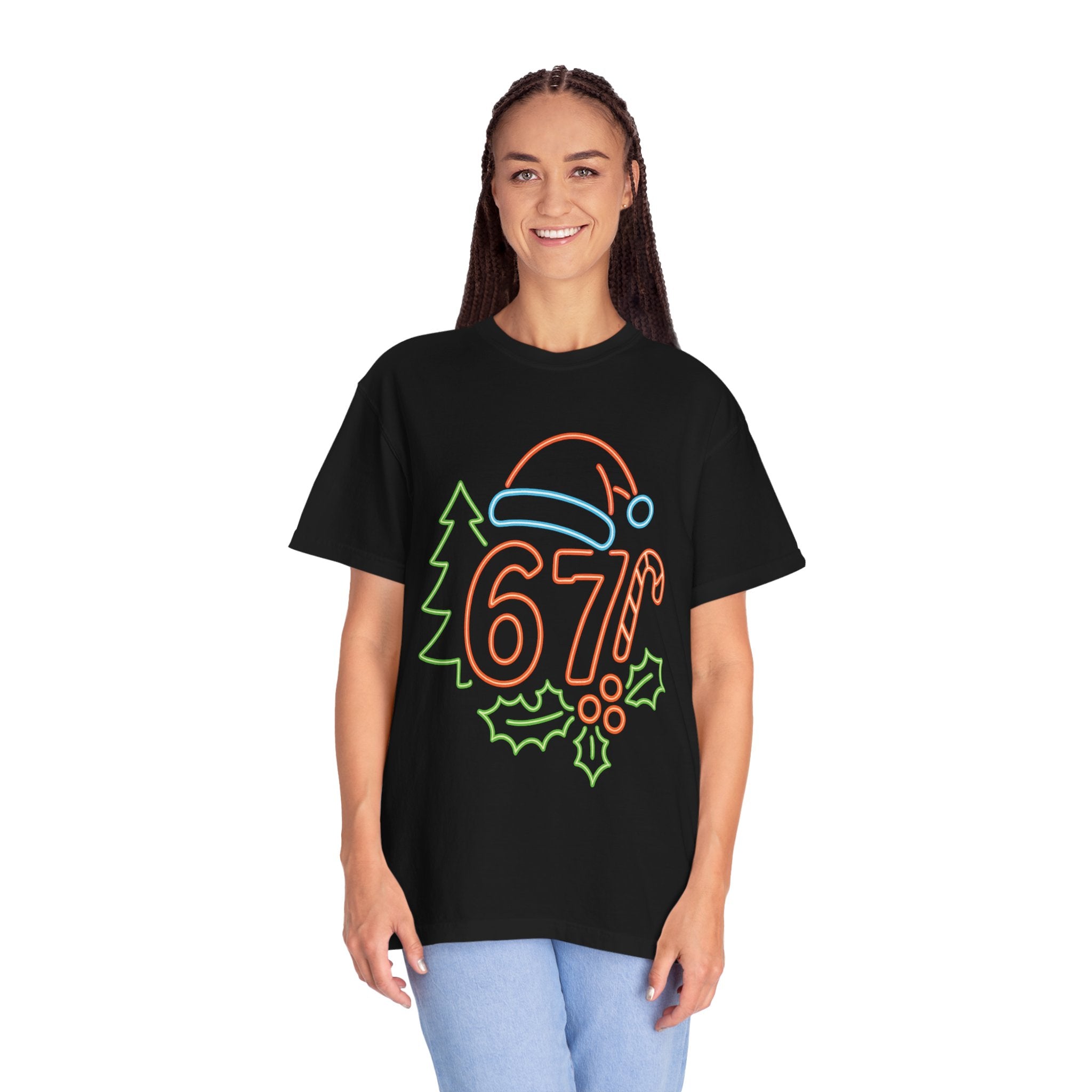 Holiday Neon 67 Tee — Retro Christmas Hat & Holly Graphic T-Shirt